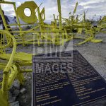Palu, Central Sulawesi, INDONESIA (7th Jan 2019): Debris from former tsunami waves installed by Japanese artist Daisuke Takeya while performing a show “Yellow Memories” on Talise Beach, Palu Bay, Central Sulawesi, Indonesia, Monday (1/7/2019).