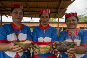 Sejumlah warga suku Pamona menunjukkan salah satu menu makanan tradisionalnya pada Festival Musintuwu (Kebersamaan) di Tentena, Poso, Sulawesi Tengah, Kamis (31/10/2019). Selain menampilkan atraksi seni dan budaya, festival yang diikuti seluruh etnik di wilayah itu juga mempetontonkan keanekaragaman menu makanan tradisional setempat. bmzIMAGES/Basri Marzuki