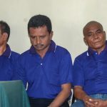 Three Poso riot defendants, Fabianus Tibo (left), Marunis Ruwu (center), and Dominggus da Silva (right) attend a judicial review hearing at the Petobo Penitentiary in Palu, Central Sulawesi, Indonesia, March 9, 2006. All three were executed after the local District Court convicted them of premeditated murder during the 1998-2005 period of unrest. (bmzIMAGES/Basri Marzuki)