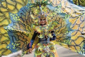 Seorang peserta dari Jember Fashion Carnaval (JFC) ikut memeriahkan pawai budaya nusantara di Palu, Sulawesi Tengah, Selasa (10/12/2013). Pawai budaya nusantara itu digelar untuk memeriahkan Hari Nusantara Nasional yang peringatannya dipusatkan di Palu pada 15 Desember. bmzIMAGES/Basri Marzuki