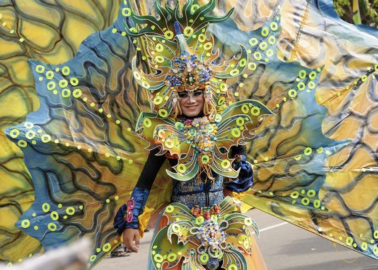 Seorang peserta dari Jember Fashion Carnaval (JFC) ikut memeriahkan pawai budaya nusantara di Palu, Sulawesi Tengah, Selasa (10/12/2013). Pawai budaya nusantara itu digelar untuk memeriahkan Hari Nusantara Nasional yang peringatannya dipusatkan di Palu pada 15 Desember. bmzIMAGES/Basri Marzuki