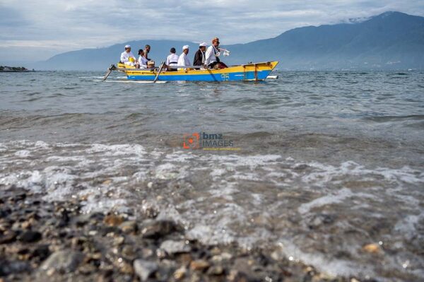 Hindu administrators board a boat to fetch holy water from the sea to be used at the Melasti prayer ritual in Palu, Central Sulawesi, Indonesia, March 10, 2024. The Melasti ceremony which was held the day before Nyepi Day of the 1945 Saka New Year was to raise awareness of the Gods as a manifestation of God Almighty, to wash away people's suffering, eliminate sins, and prevent damage to nature.bmzIMAGES/Basri Marzuki