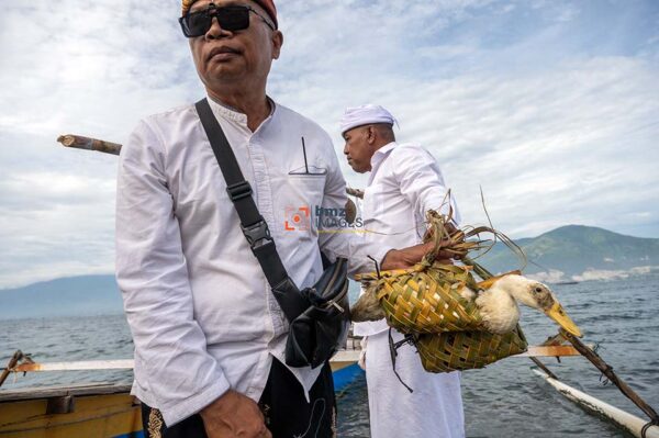 A Hindu caretaker carries a duck that will be offered at the Melasti ritual in Palu, Central Sulawesi, Indonesia, March 10, 2024. The Melasti ceremony which was held the day before Nyepi Day of the 1945 Saka New Year was to raise awareness of the Gods as a manifestation of God Almighty, to wash away people's suffering, eliminate sins, and prevent damage to nature.bmzIMAGES/Basri Marzuki