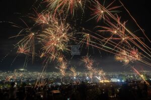 Residents celebrate the New Year with fireworks in Palu, Central Sulawesi, Monday, January 1. Although it had rained, it did not discourage residents from going out of their homes and celebrating the turn of the year from 2023 to 2024. bmzIMAGES/Basri Marzuki